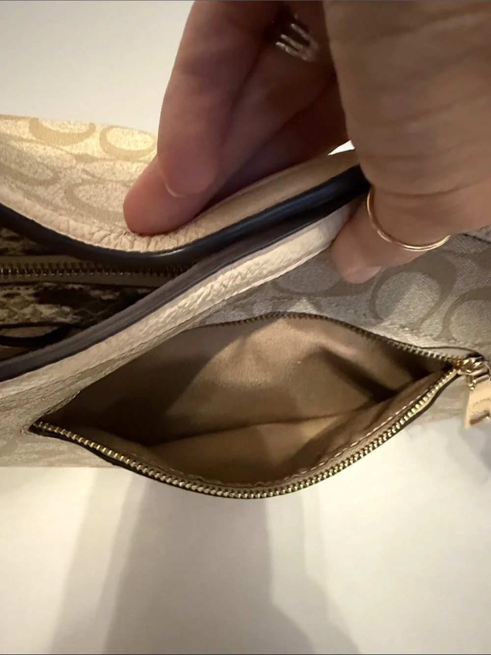 Coach Kristy Signature Beige Canvas Shoulder Bag with Snake-Print Trim